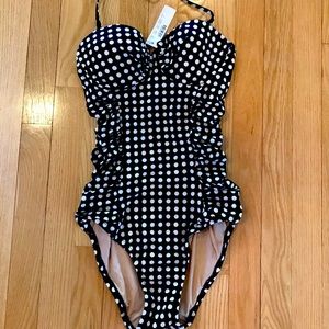 J Crew One Piece Ruched Polka Dot Swimsuit. Sz 0. Navy/White. Vintage look. NWT